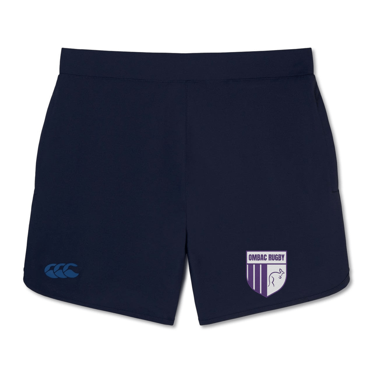 The OMBAC Youth RUGBY U10-U18 TRAINING BUNDLE includes navy blue athletic shorts with Vapodri Technology, a Canterbury logo on the left, and an OMBAC Rugby shield logo on the right.