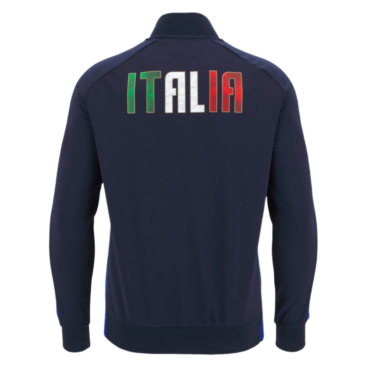 The Italy 25/26 Anthem Jacket by Macron, seen from the back and featuring "ITALIA" in Italian flag colors, is ideal for fans of the Italia Rugby 25/26 squad.