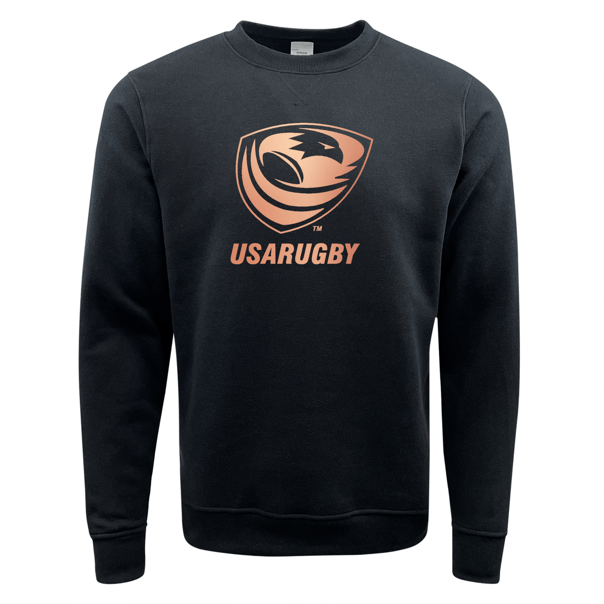 The USA Rugby Bronze Fleece Crewneck Sweatshirt by WRS Augusta features a black design with an eagle’s head, a rugby ball, and the text "USA Rugby" in vibrant orange.