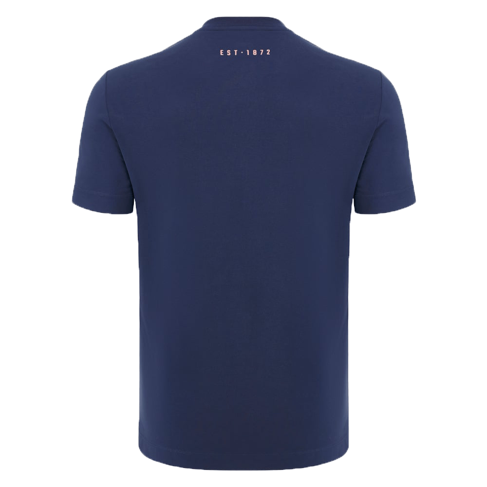 Back view of the Edinburgh 24/25 Anthem Travel Cotton T-Shirt by Macron in navy blue, featuring short sleeves and "EST. 1872" text near the neckline—ideal as an Edinburgh Rugby athleisure tee.
