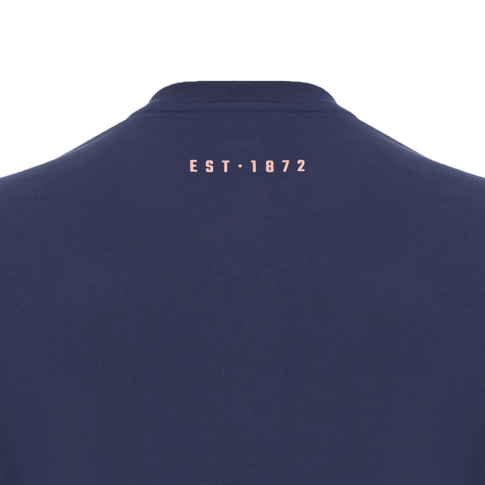 Navy blue Edinburgh Rugby T-shirt by Macron featuring "EST. 1872" in pink near the collar, crafted from heavyweight cotton for style and comfort.
