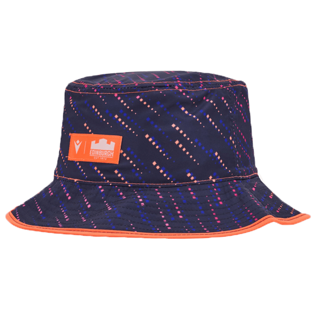 The Edinburgh 24/25 Bucket Hat by Macron is perfect for an Edinburgh Rugby fan, featuring a navy blue design with diagonal lines in pink and blue. It includes an orange patch with text and an orange rim, embodying the bold style of Macron.