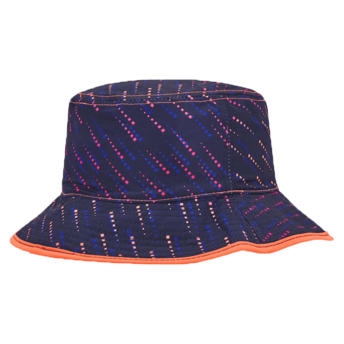 The Edinburgh 24/25 Bucket Hat by Macron is a stylish navy blue hat featuring a colorful dotted pattern and an orange trim, ideal for fans of Edinburgh Rugby.