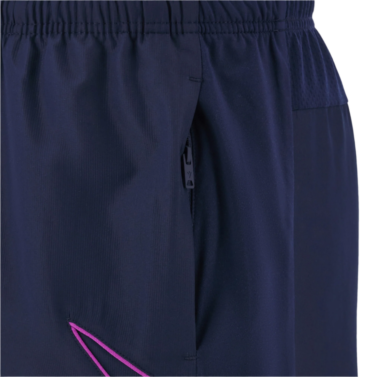 Close-up of Scotland 25/26 Player Training Short by Macron in navy, featuring an elastic waistband, side zippered pocket, and small pink stitched accent on the lower leg—ideal for athletic performance.