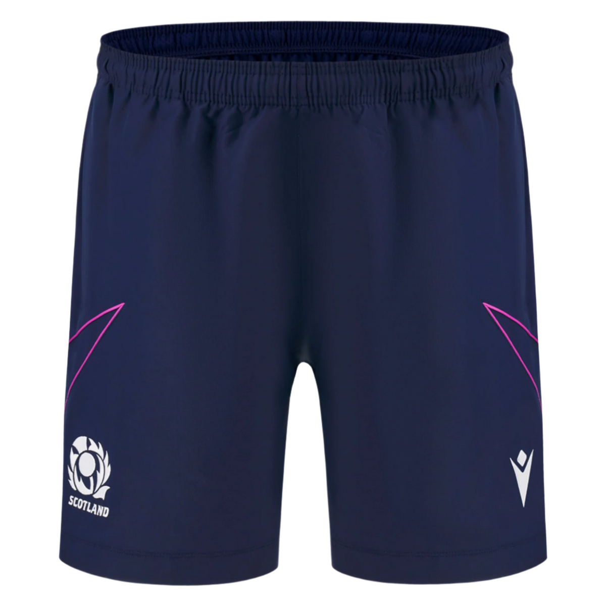The Scotland 25/26 Player Training Short by Macron features a navy design with a white Macron logo, team crest, and pink accent lines—perfect for standout style and athletic performance during training.