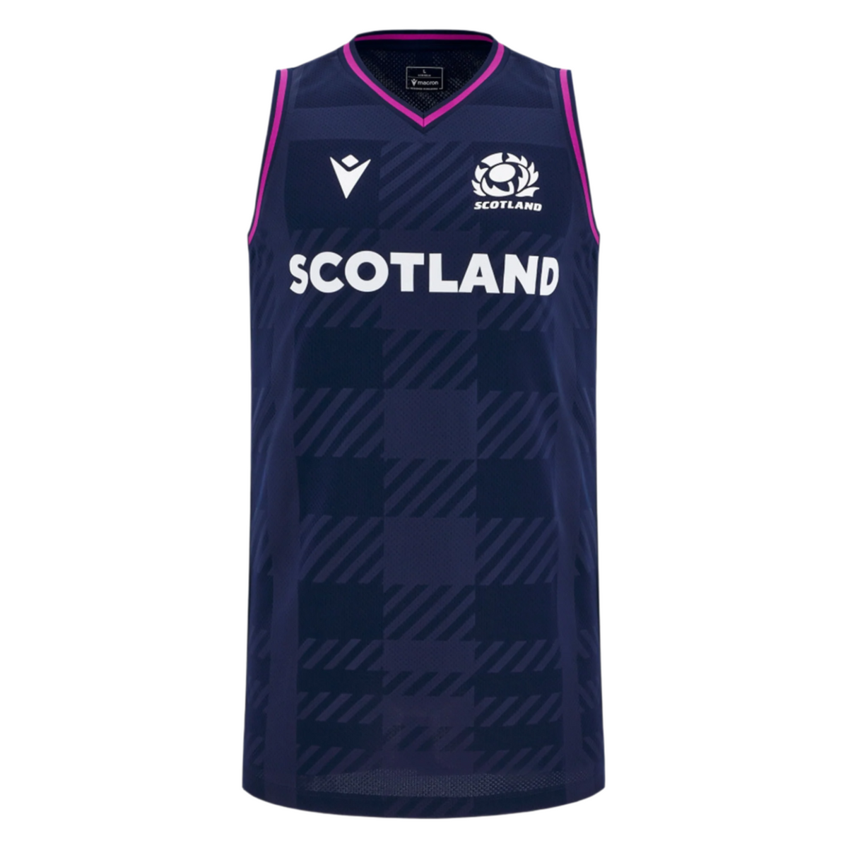 The Scotland 25/26 Basketball Singlet by Macron is a sleeveless navy top in breathable fabric, featuring a checkered pattern, "SCOTLAND" across the front, and the Scottish rugby thistle logo on the chest.