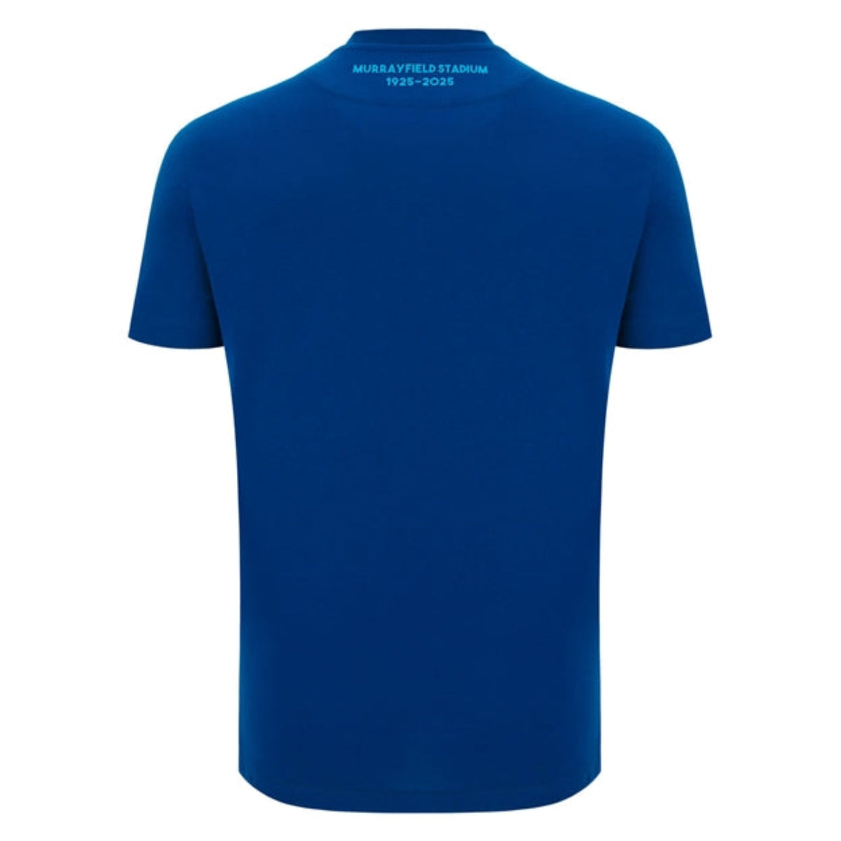 The Scotland 25/26 Murrayfield Stadium T-Shirt by Macron features a plain blue back with "MURRAYFIELD STADIUM 1925–2025" in small white text near the collar—a classic look from Macron.