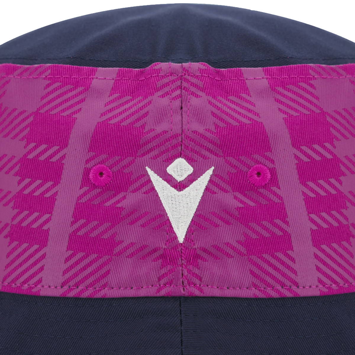 Close-up of the back of the Scotland 25/26 Bucket Hat by Macron in navy blue with pink and magenta patterned fabric, featuring a white geometric logo embroidered at the center.