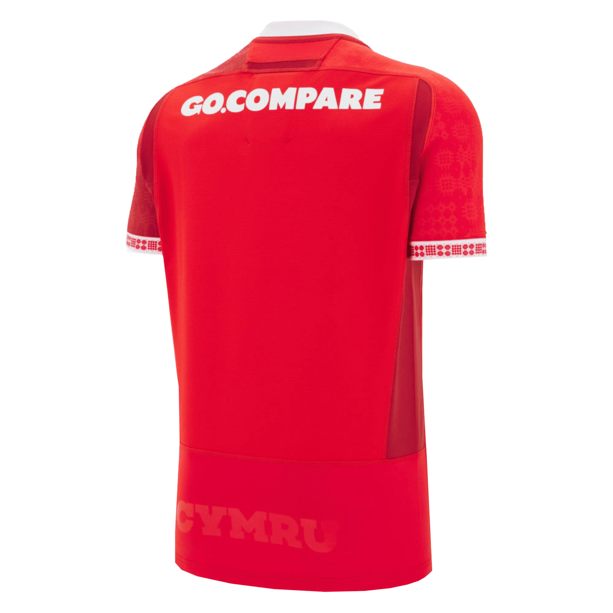 Wales 25/26 Authentic Matchday Home Jersey by Macron shown from the back with "GO.COMPARE" at the top and "CYMRU" faintly below—a must-have for any Wales rugby jersey collection.