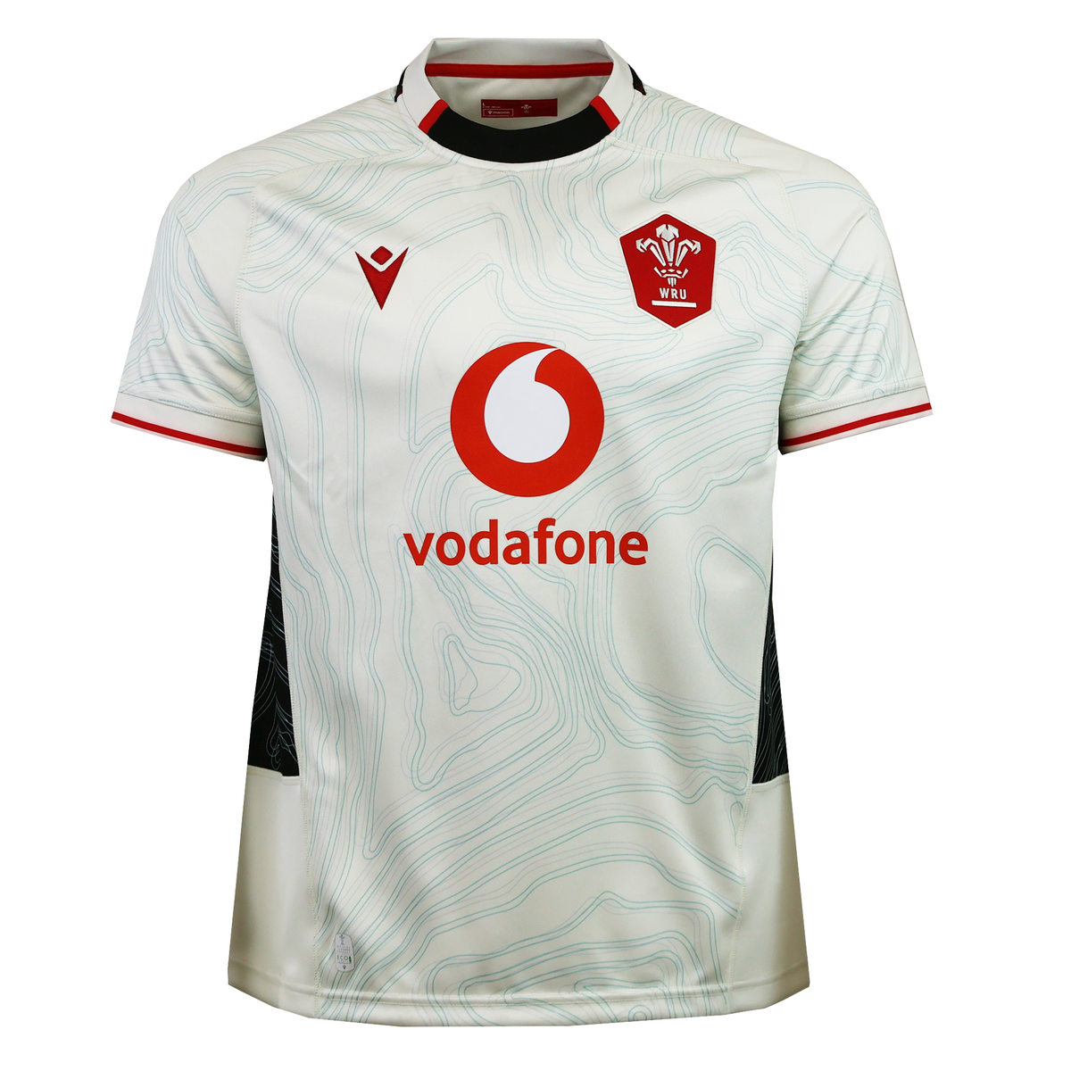 The Wales 25/26 Replica Away Jersey by Macron is a white rugby jersey with subtle topographic patterns, red trim, Vodafone sponsor logo, and the WRU emblem on the chest.