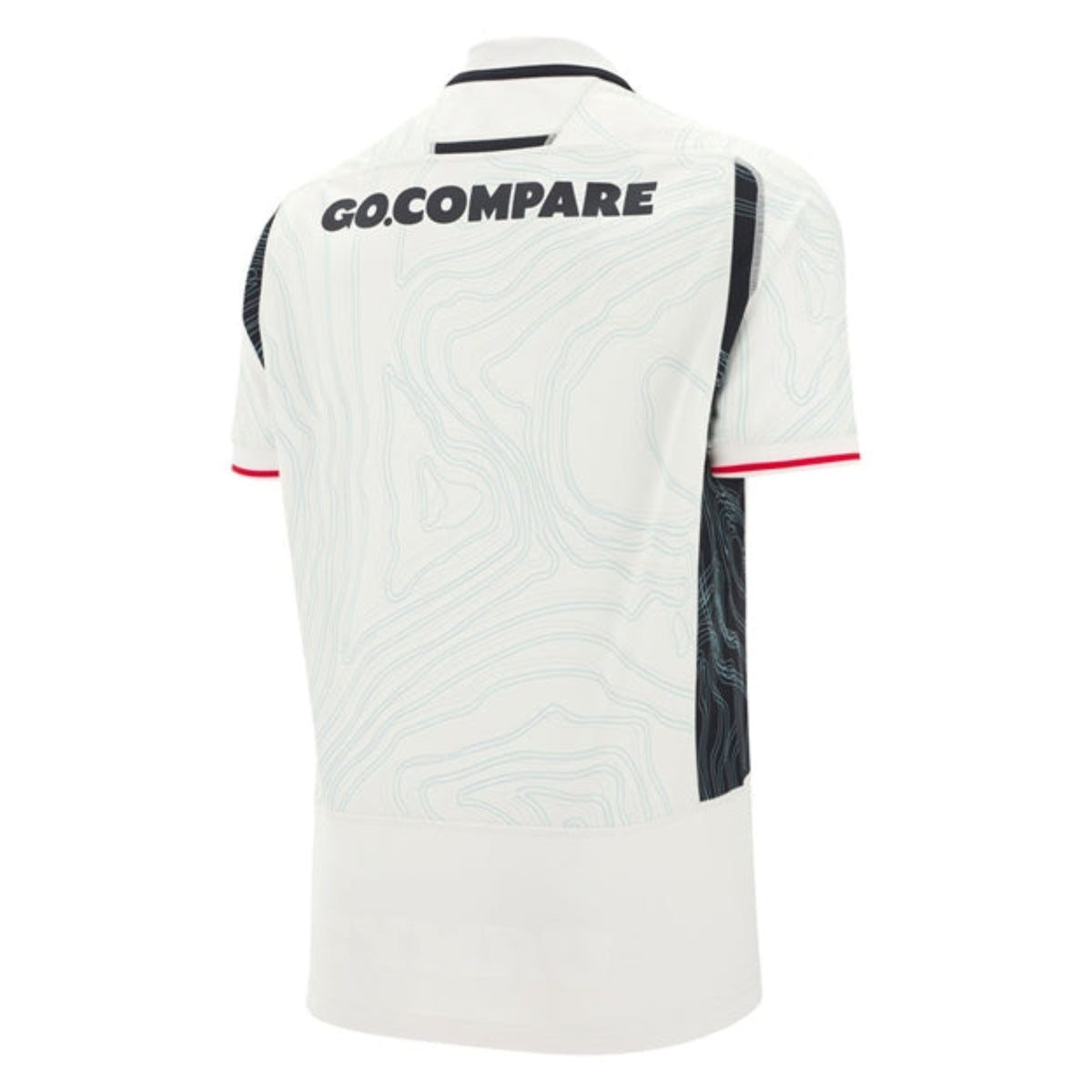 The Wales 25/26 Replica Away Jersey by Macron features a white design with subtle light blue contour patterns, black side panels, red sleeve trim, and "GO.COMPARE" text on the upper back.