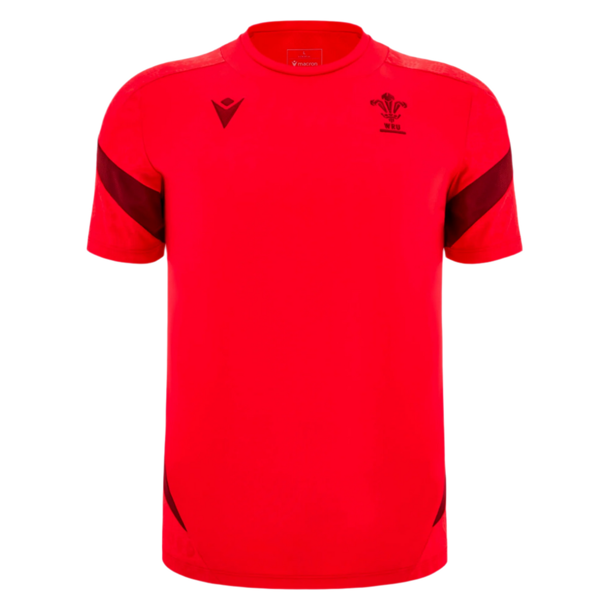 The Wales 25/26 Player Training Shirt by Macron is a red short-sleeve rugby top with black accents, featuring the Macron logo and Welsh rugby crest—ideal for WRU training.