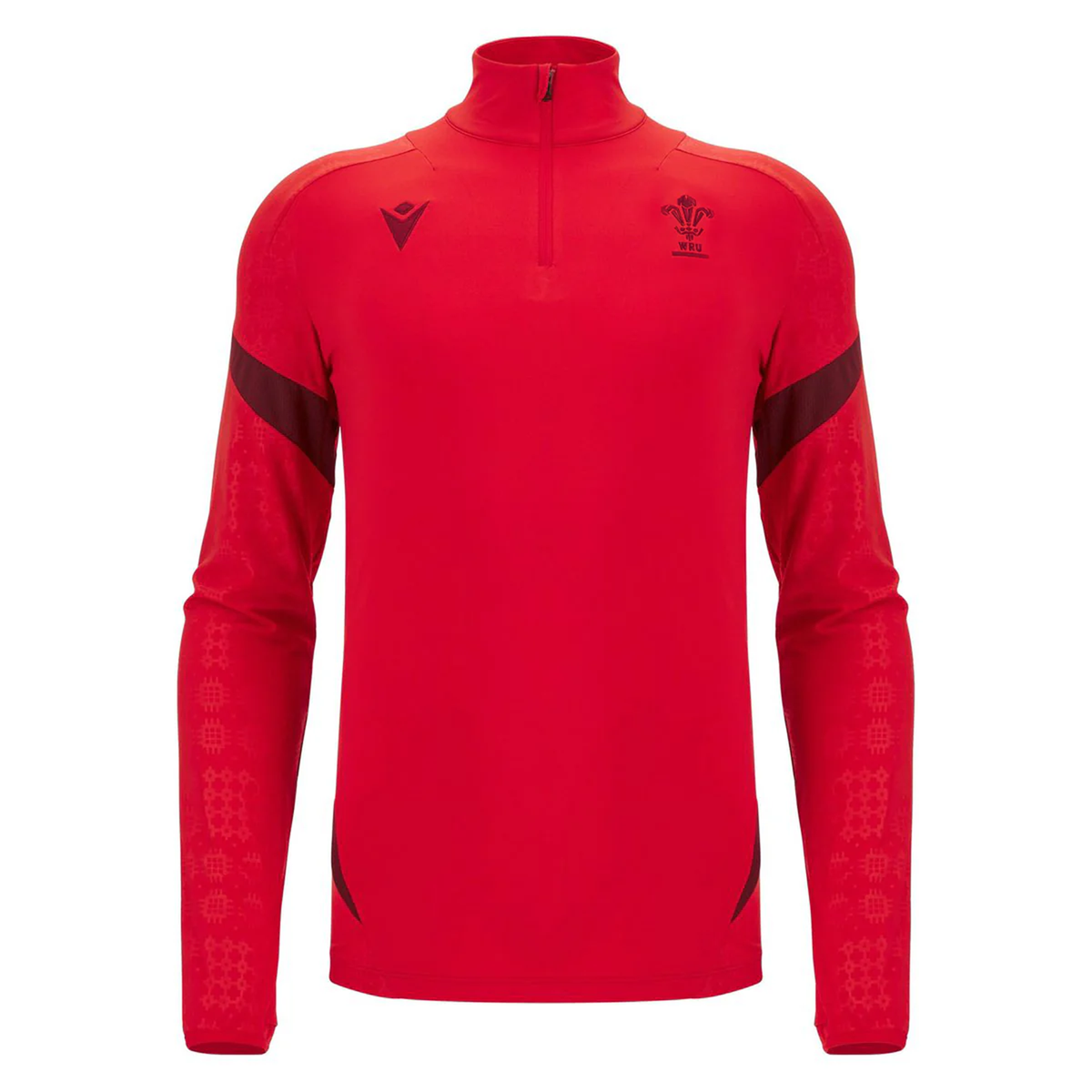 The Wales 25/26 Player 1/4 Zip Top by Macron is a red long-sleeve top featuring the Welsh Rugby Union logo and black accents on the shoulders and forearms.