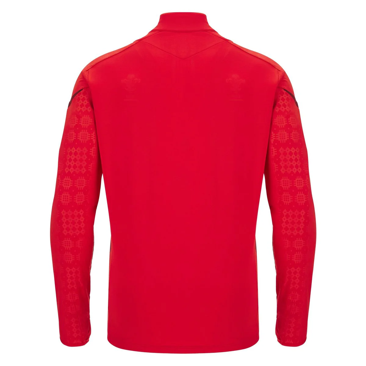 Back view of the Wales 25/26 Player 1/4 Zip Top by Macron, a red long-sleeved top with subtle patterned details on the sleeves and shoulders.