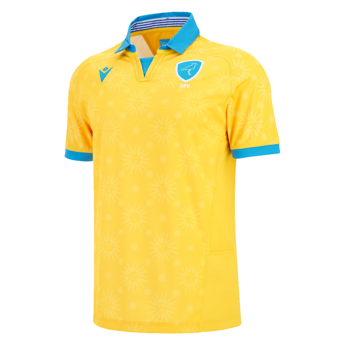 The Uruguay URU 25/26 Replica Away Jersey by Macron features yellow short sleeves, blue collar and cuffs, a blue shield logo, sunburst pattern, and is crafted from EcoFightex—echoing the classic Uruguay away style.