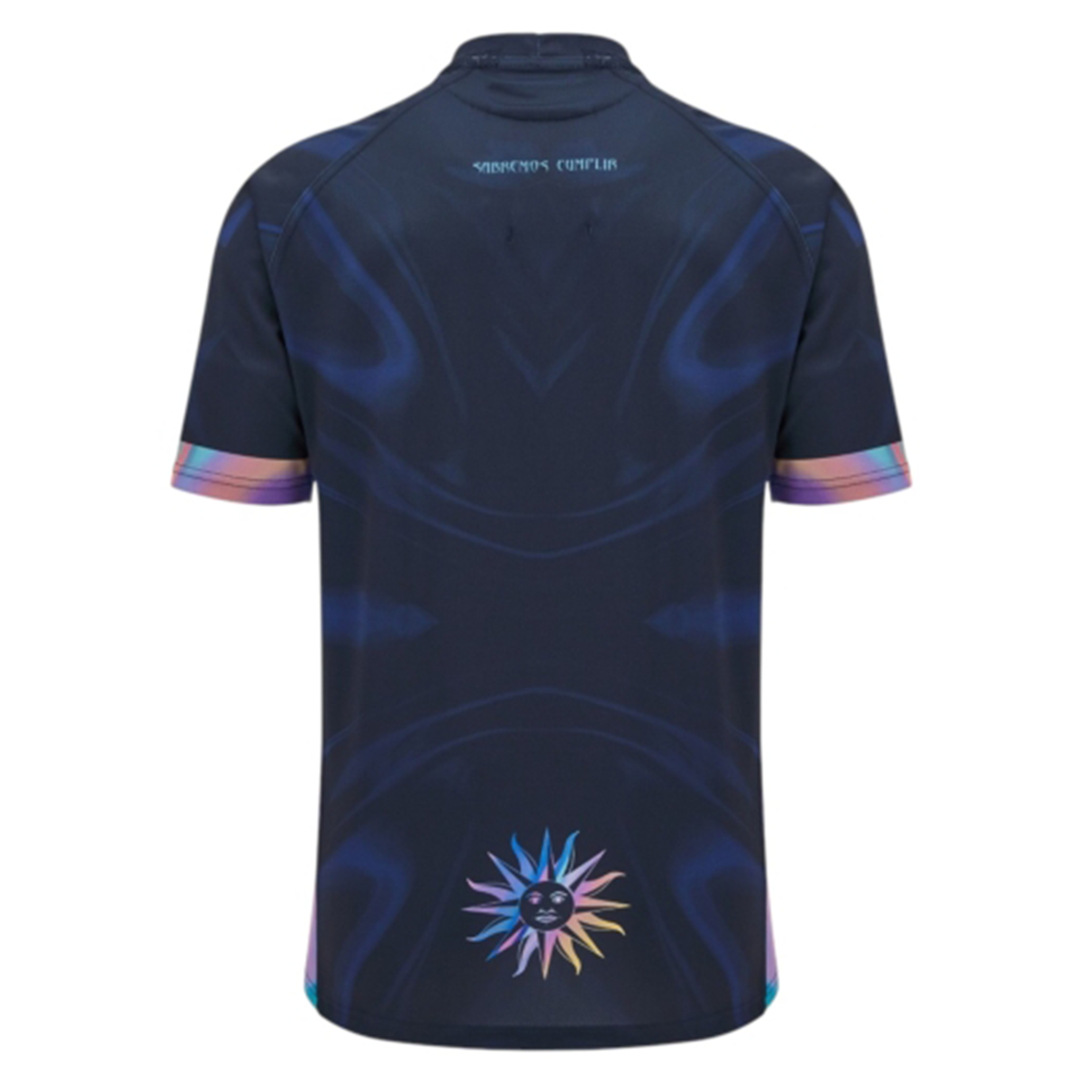 Back view of the Macron Uruguay URU 25/26 Replica Training Jersey, a short-sleeve dark blue shirt featuring a colorful sun graphic near the hem and multicolored sleeve trim.