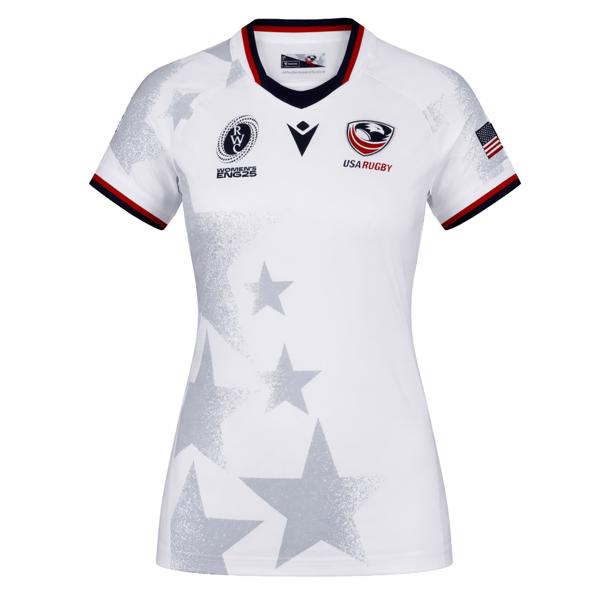 Show your USA pride in the Women's USA Rugby WRWC 25 Away Bodyfit Shirt by Macron, featuring gray star patterns, black and red trim, official team and tournament logos, plus an American flag sleeve patch—perfect for Rugby World Cup 2025 fans.