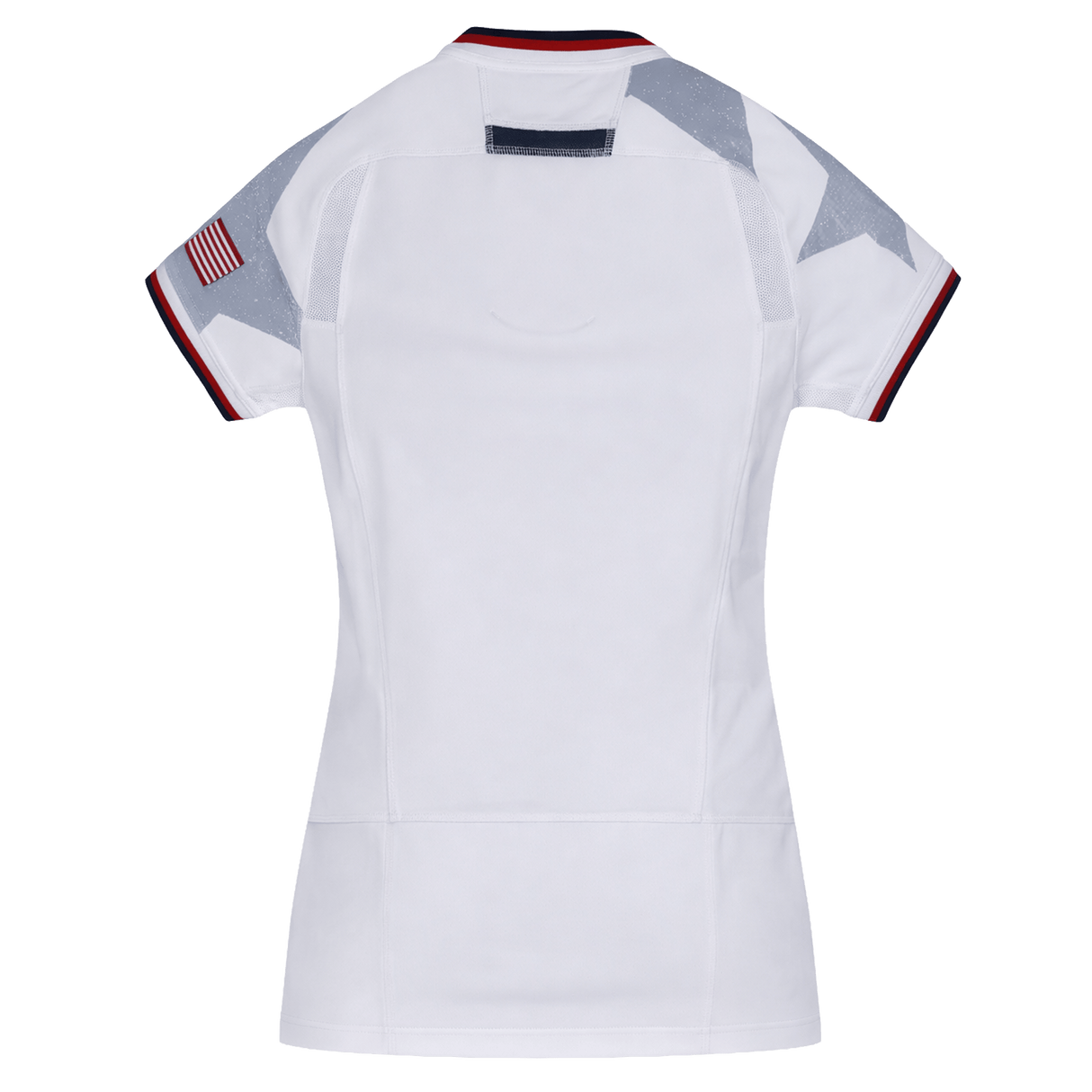Back view of the Women's USA Rugby WRWC 25 Away Bodyfit Shirt by Macron: white with a dark collar and sleeve trim, silver stars on the shoulders, and an American flag patch—stylish Macron bodyfit rugby apparel.
