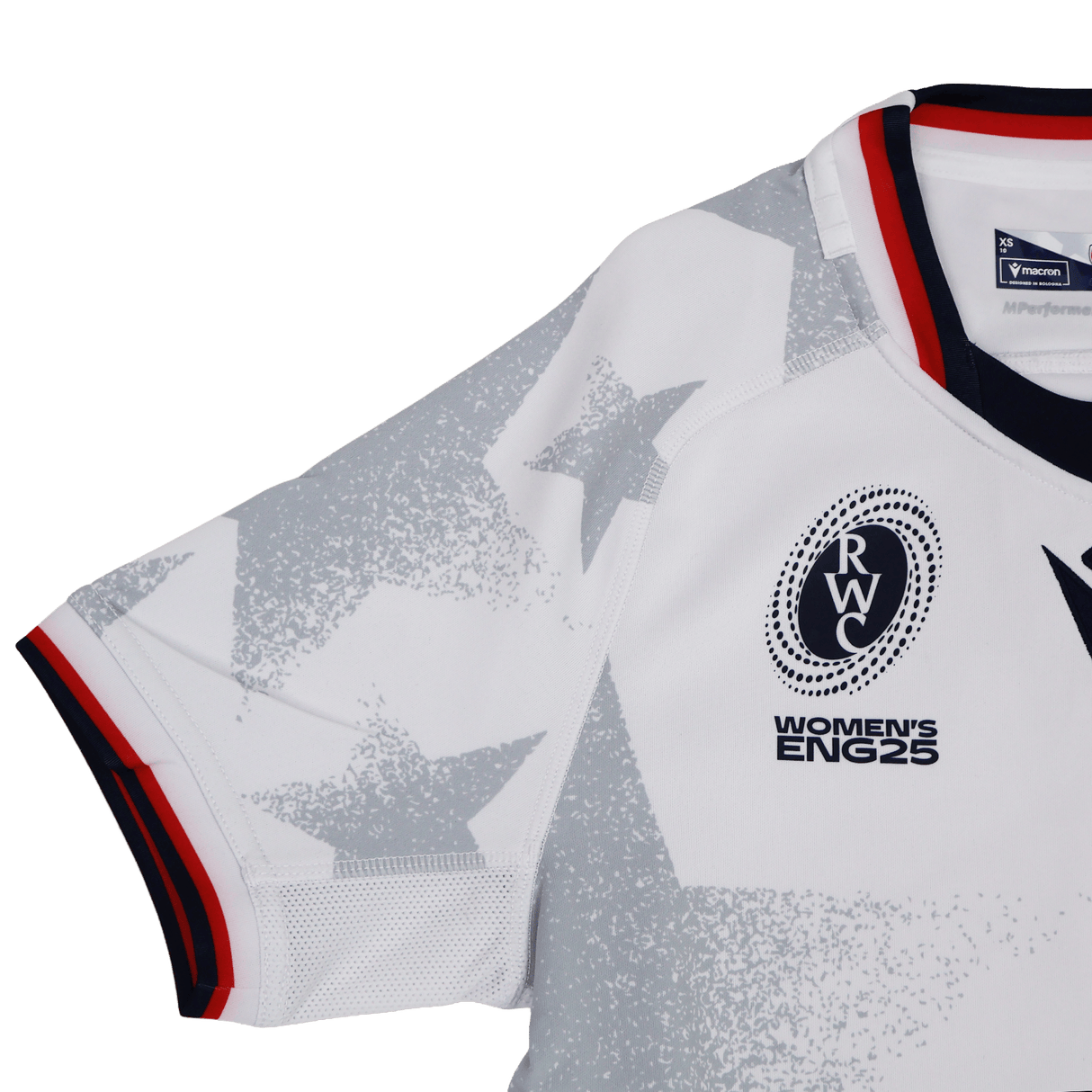 Close-up of the Women's USA Rugby WRWC 25 Away Bodyfit Shirt by Macron, a white shirt with gray star patterns and chest details, including the "WRWC 25" logo.