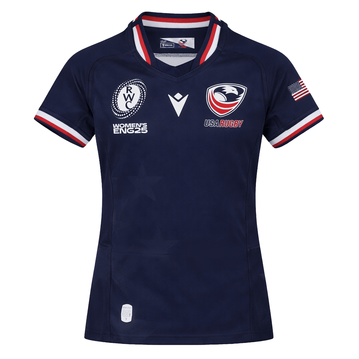 Youth USA Rugby 24/25 Home WRWC Jersey by Macron featuring team and sponsor logos, a Women's Rugby World Cup England 2025 patch, American flag on the sleeve, and classic Macron quality.