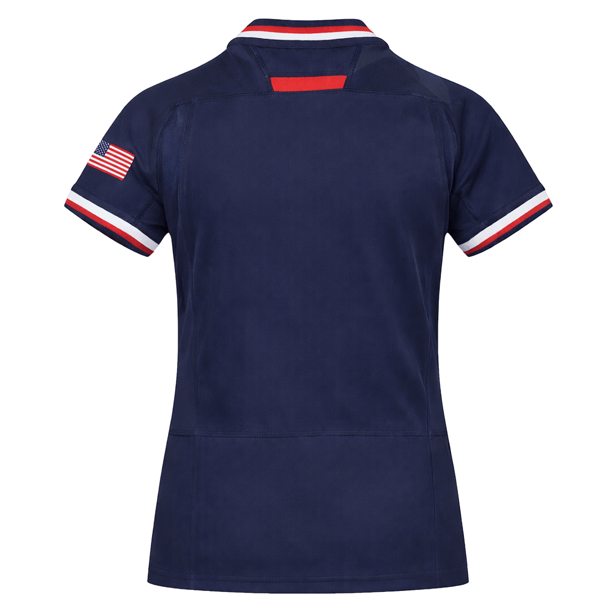 Youth USA Rugby 24/25 Home WRWC Jersey by Macron in navy blue, shown from the back, has short sleeves, a small American flag patch on the right sleeve, and red, white, and blue trim on sleeves and collar.