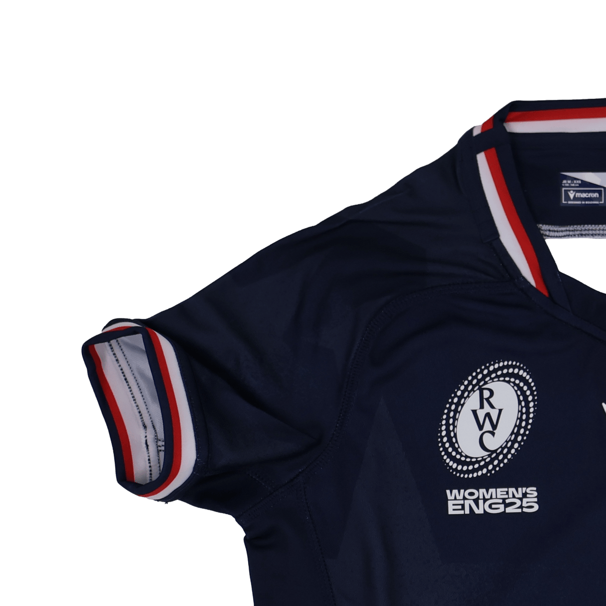The Youth USA Rugby 24/25 Home WRWC Jersey by Macron is a navy blue youth rugby top with red, white, and blue trim on the sleeve and collar, featuring the Rugby World Cup logo and "Women's ENG25" text.