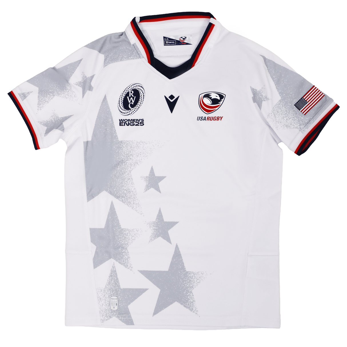 The Youth USA Rugby WRWC 25 Home Jersey by Macron features gray star patterns, the "USA Rugby" logo, WRWC 25 emblem, American flag patch, plus red, white, and blue trim on the sleeves and collar.