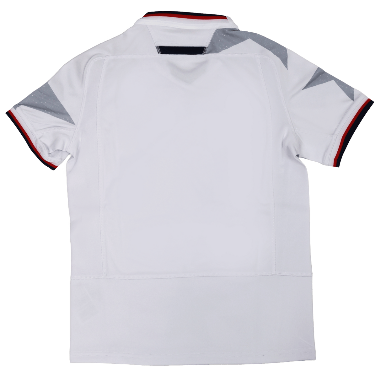 Youth USA Rugby WRWC 25 Home Jersey by Macron, white with gray geometric shoulder accents and red, black, and white trim on collar and cuffs—ideal for WRWC 25 fans. Seen from the back.