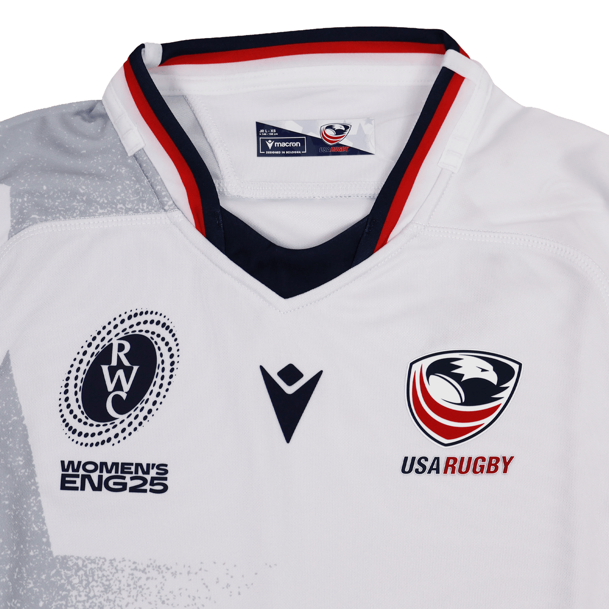 The Youth USA Rugby WRWC 25 Home Jersey by Macron features the USA Rugby eagle, WRWC 25 logo for Rugby World Cup Women’s England 2025, and red, navy, and gray collar accents.