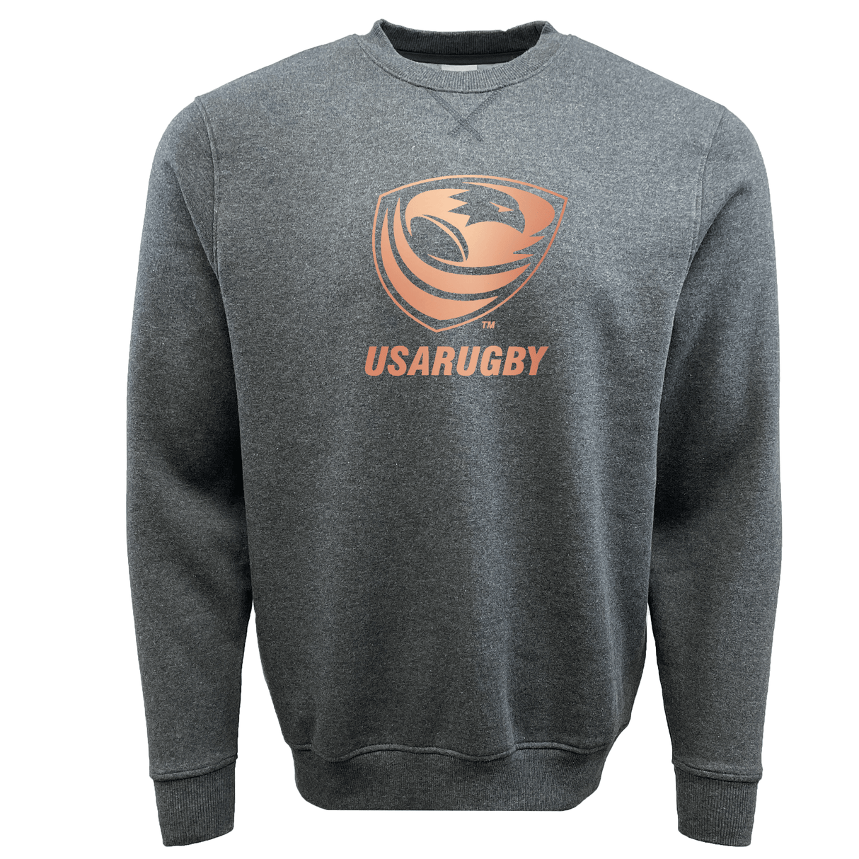The WRS Augusta USA Rugby Bronze Fleece Crewneck Sweatshirt showcases a USA Rugby logo with an eagle and rugby ball design in orange on the front.