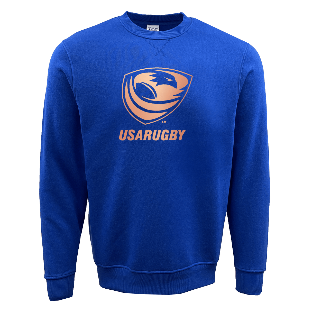 A USA Rugby Bronze Fleece Crewneck Sweatshirt in blue by WRS Augusta, featuring the USAR crest logo in orange across the front.