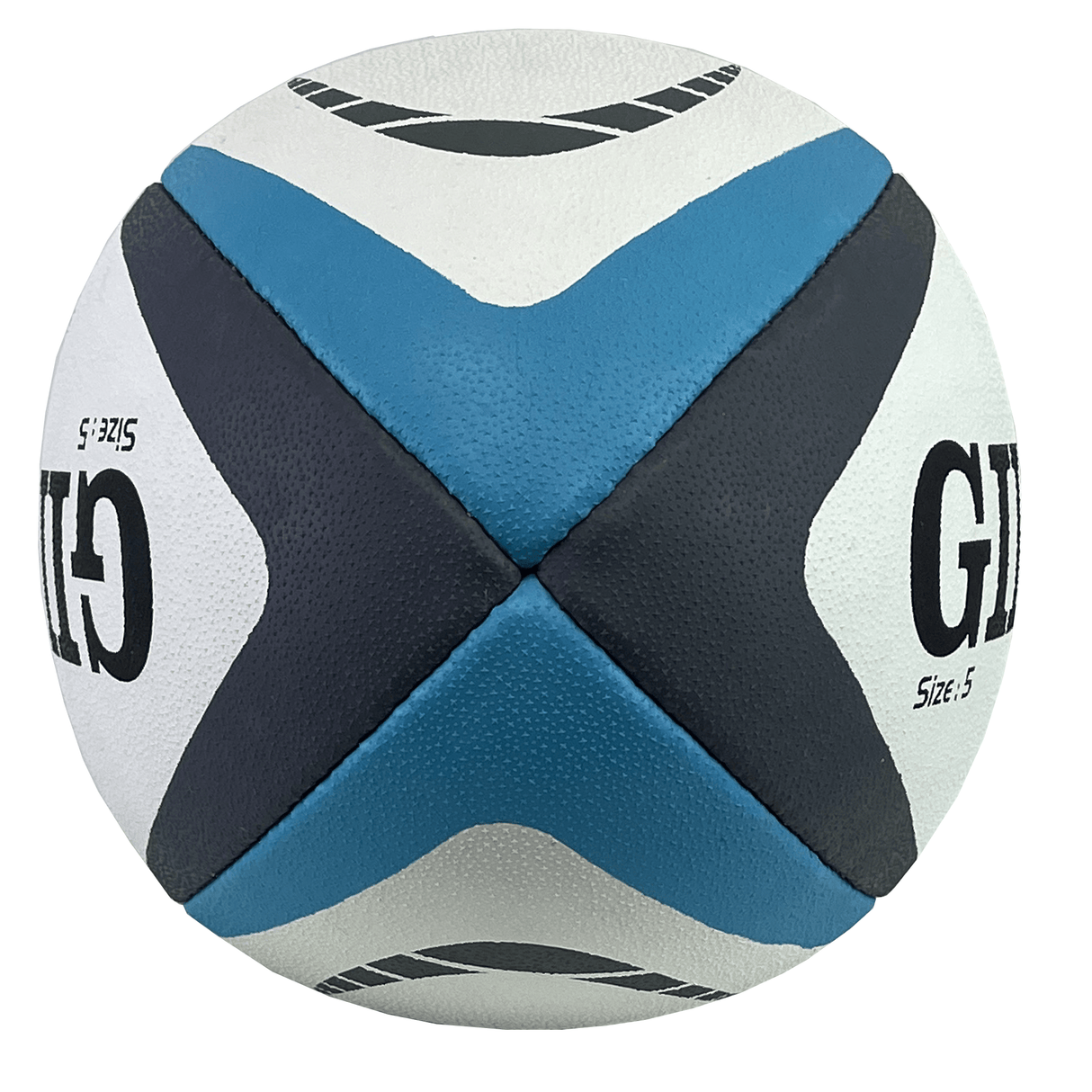 A white and blue basketball with black accents, featuring the text 'Gilbert Innovo Match Ball' and 'Size 5', reminiscent of the sleek design associated with Gilbert branding.