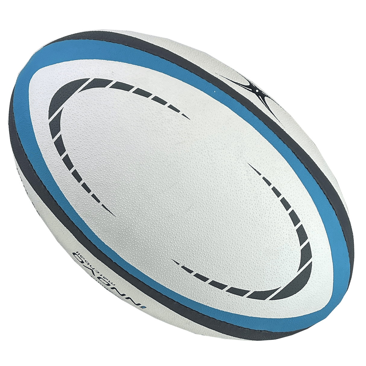 The Gilbert Innovo Match Ball is a white rugby ball featuring blue and black accents on its edges, boasting a textured surface and the iconic Gilbert branding—ideal for rugby enthusiasts.