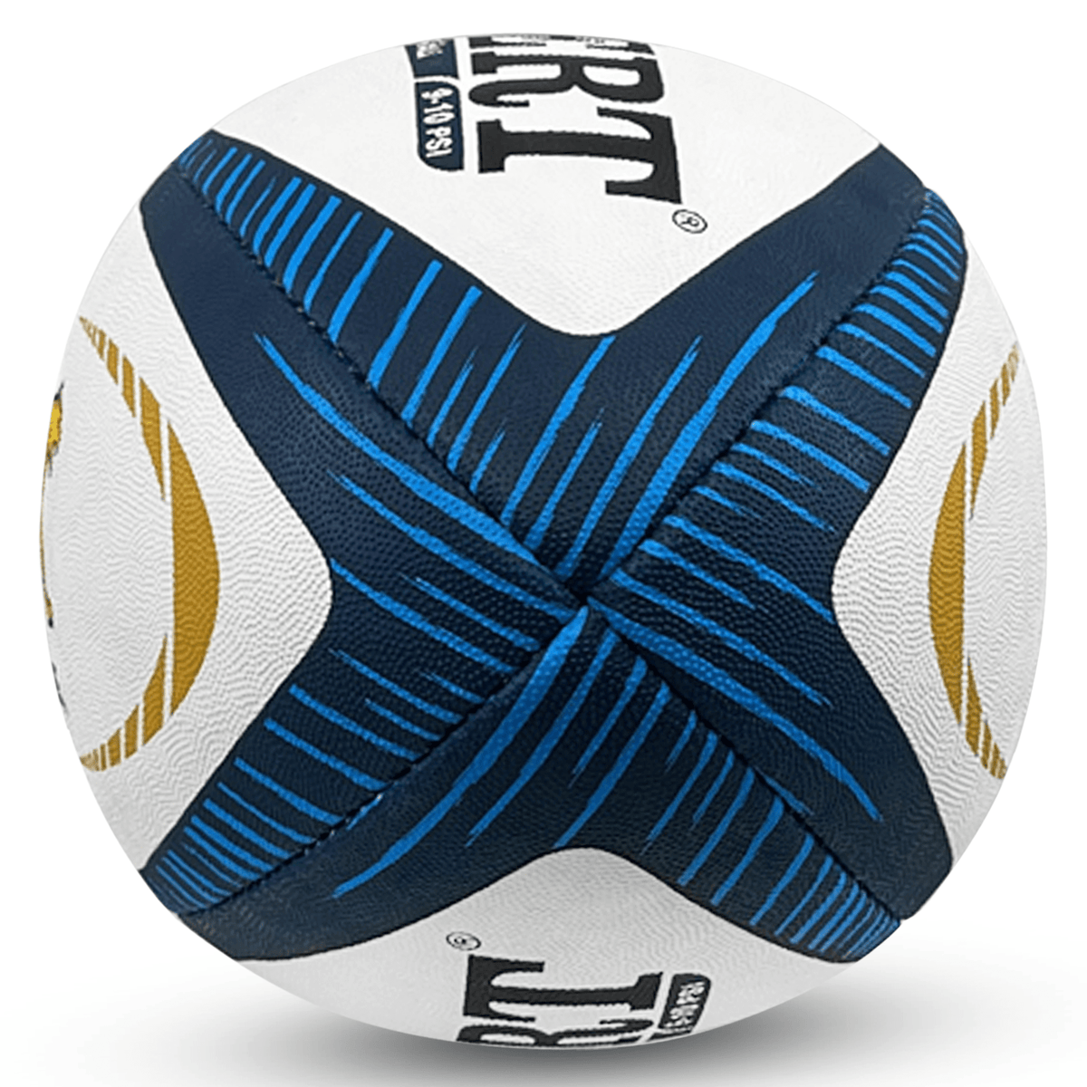 A white and blue Pumas Replica Rugby Ball by Gilbert on a white background.