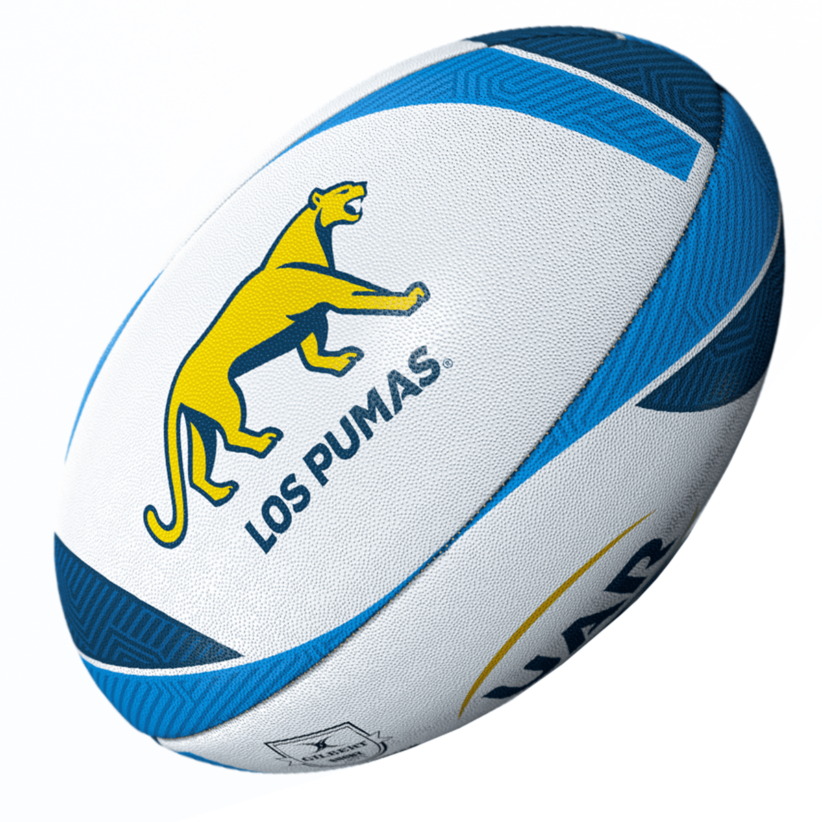 An Argentina Pumas Supporters Ball by Gilbert with blue and white panels featuring a yellow puma logo and the text "Los Pumas," perfect for any Argentina Pumas Supporters Ball collection.