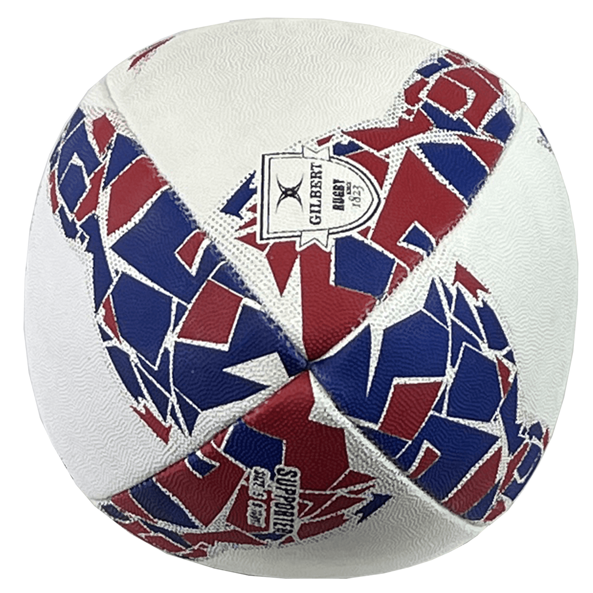 A white rugby ball with a blue, red, and navy geometric pattern featuring the Gilbert logo and text "SUPPORTER" and "IBRA-2," this England Supporters Ball by Gilbert is perfect for fans.