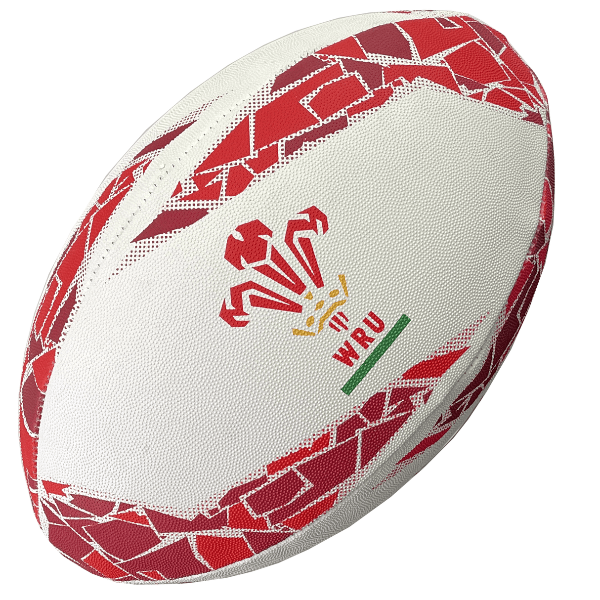 A white and red Wales Supporters Ball by Gilbert with the Welsh Rugby Union (WRU) logo, featuring three feathers and a crown.