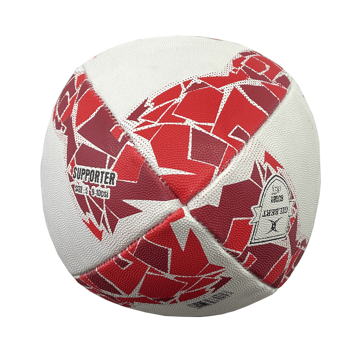 Close-up of a white and red volleyball with a geometric pattern and text labels, reminiscent of the iconic design seen on a Wales Supporters Ball by Gilbert.