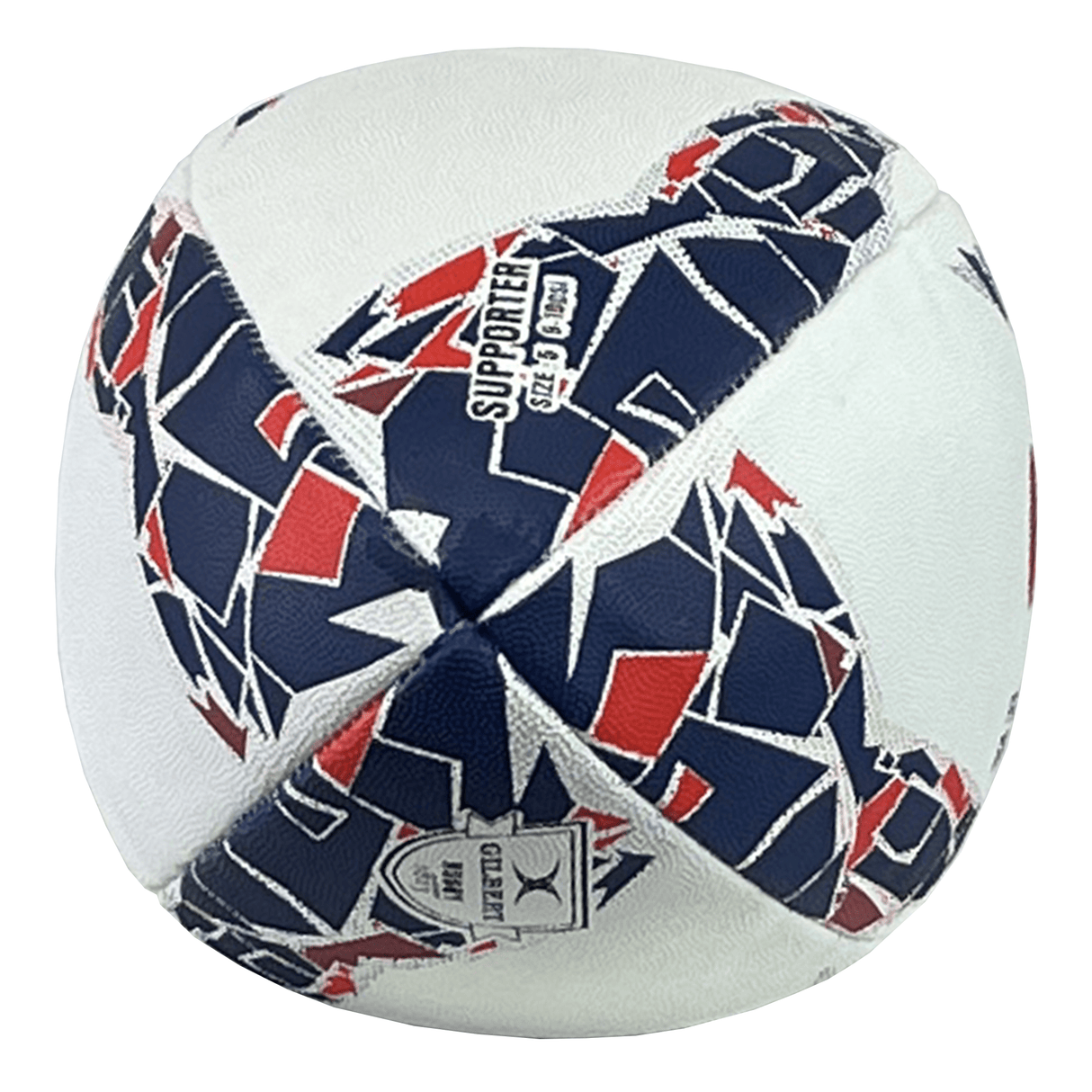 A France Supporters Ball by Gilbert with a white base featuring a geometric red, white, and blue patterned design, marked with the text "SUPPORTER," resembling the style of a Gilbert rugby ball in homage to France Rugby.