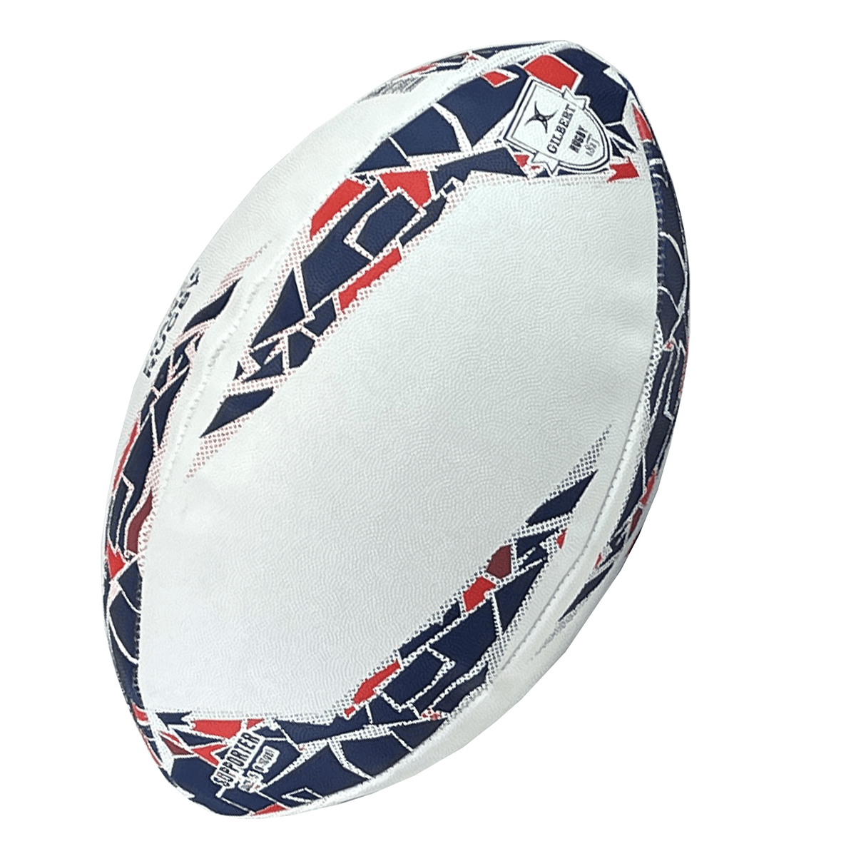 A white France Supporters Ball by Gilbert featuring red and navy blue patterns and France Rugby logos printed on it.