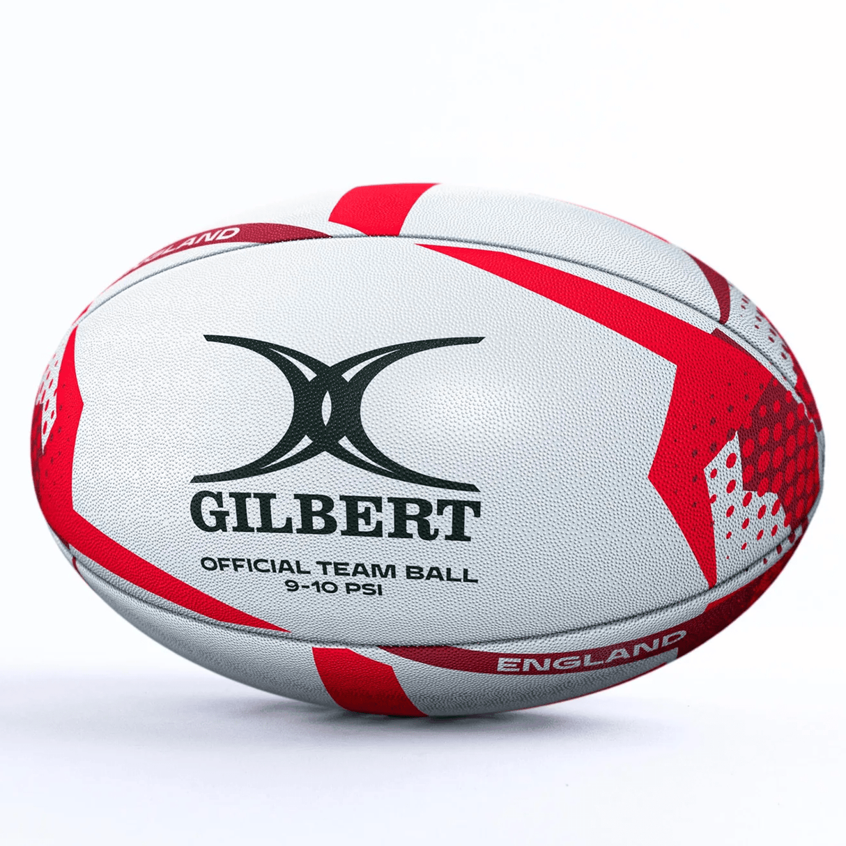 The Gilbert Women's Rugby World Cup 25 England Team Ball, in white and red and marked "Official Team Ball 9-10 PSI" and "England," honors the England team for 2025, shown on a clean white background.