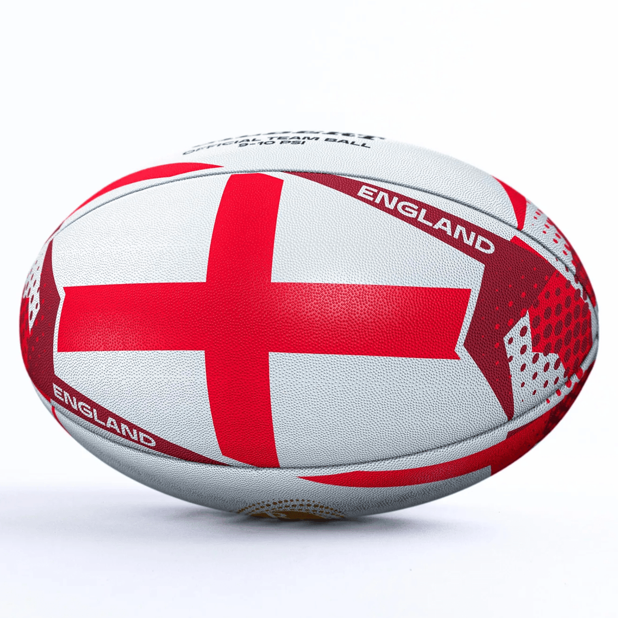 The Women's Rugby World Cup 25 England Team Ball by Gilbert showcases the red cross of St. George and "England" on a white background—ideal for England rugby fans.