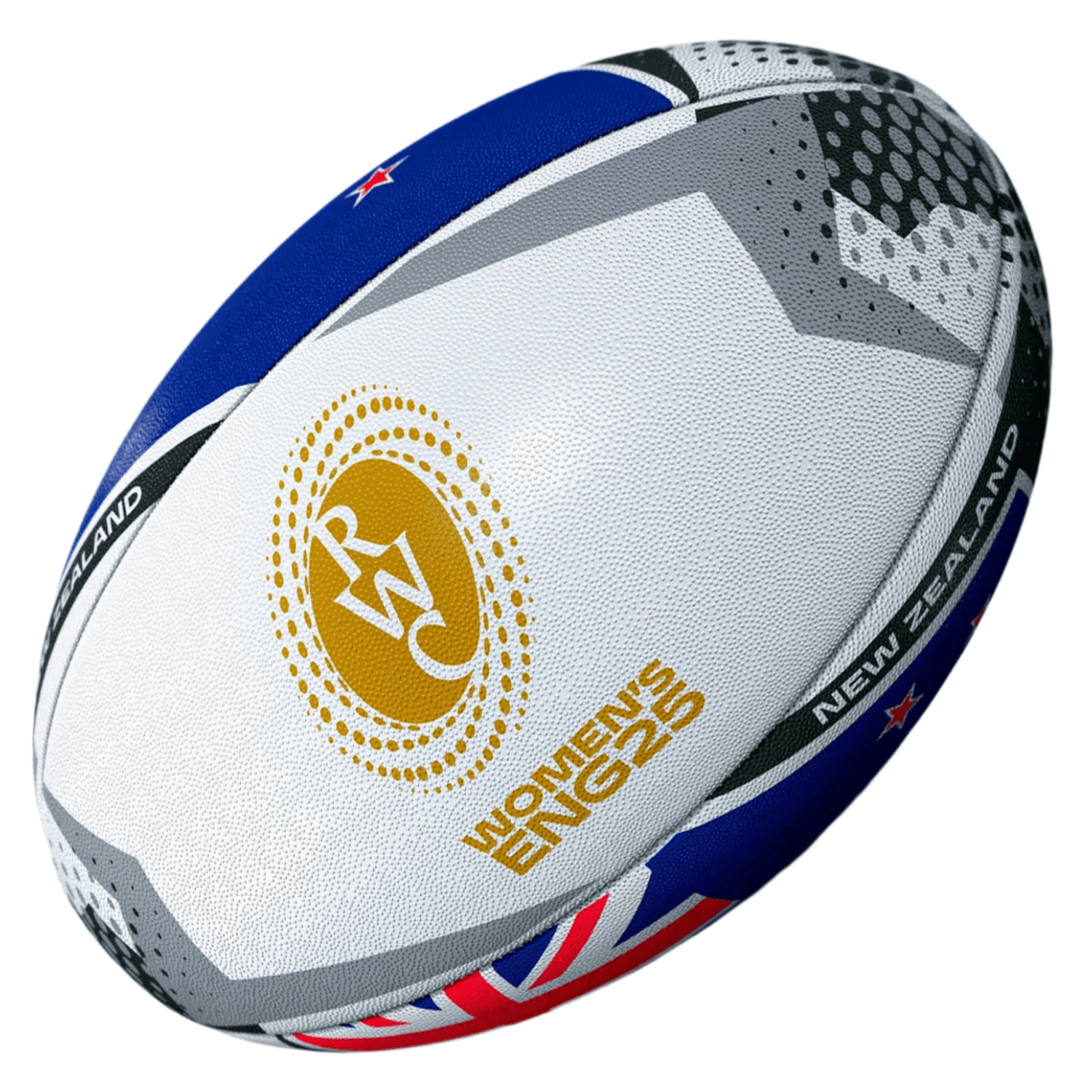 A close-up of the Gilbert Women's Rugby World Cup 25 New Zealand Team Ball showcases "New Zealand" text and a blue, white, and gray design, celebrating the Women's RWC 2025 excitement.
