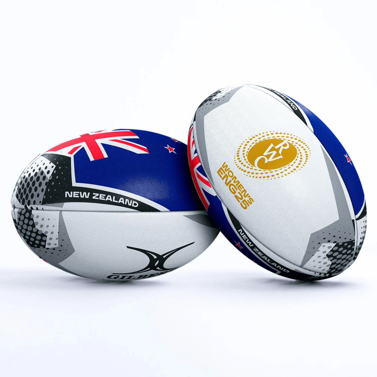 Two rugby balls, including the Gilbert Women's Rugby World Cup 25 New Zealand Team Ball and another marked "Women's Sevens," are displayed on a white background, celebrating the spirit of the Women's Rugby World Cup 2025.