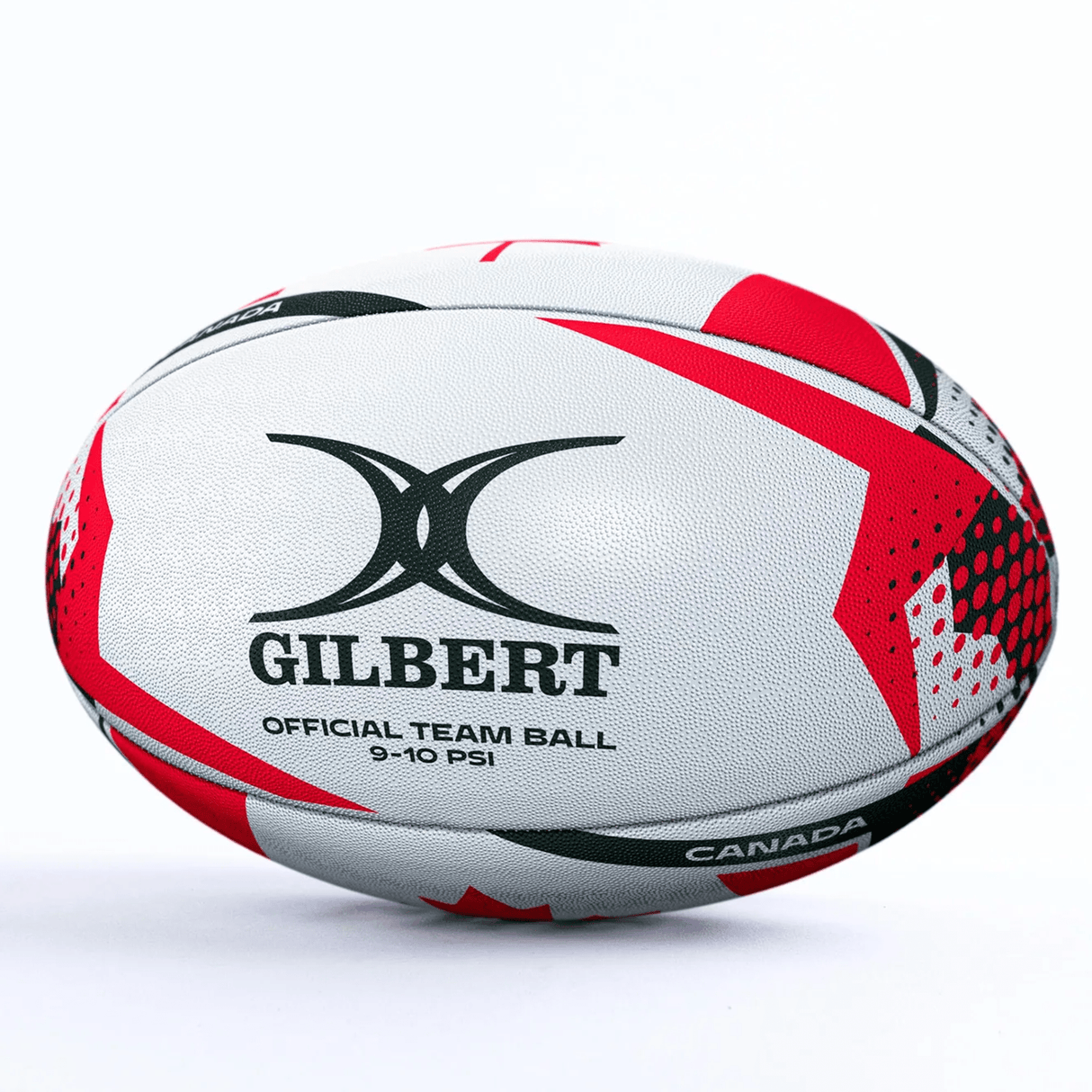 The Women's Rugby World Cup 25 Canada Team Ball by Gilbert features a white design with red and black accents, the Gilbert logo, "Official Team Ball 9-10 PSI," and "Canada"—ideal for fans and collectors.
