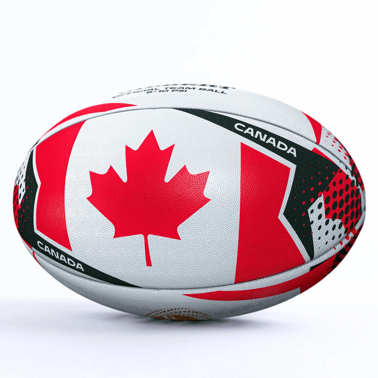 The Gilbert Women's Rugby World Cup 25 Canada Team Ball features a red maple leaf and "Canada" on a white background with red and black accents, inspired by the official ball for the tournament.