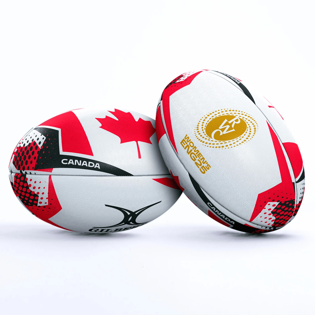 Two white Gilbert rugby balls: the Women’s Rugby World Cup 25 Canada Team Ball, featuring a red maple leaf and "CANADA," and another with the yellow HSBC World Rugby Sevens Series logo. Both are official Gilbert products.