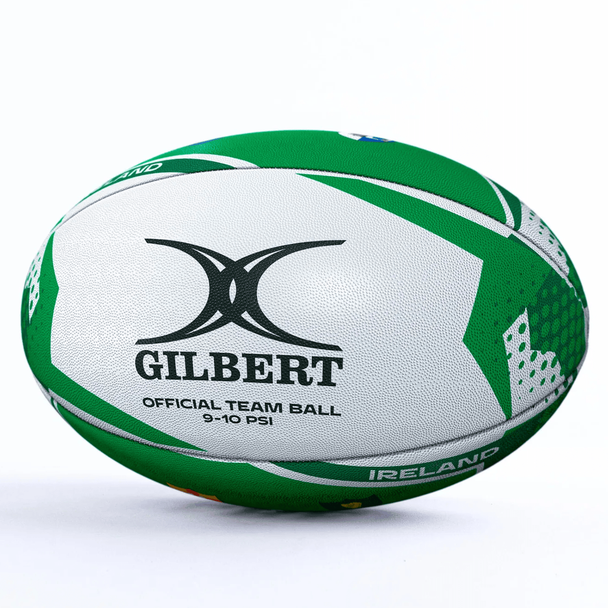 A green and white Women's Rugby World Cup 25 Ireland Team Ball by Gilbert, featuring bold Gilbert branding and "Ireland" on the side, displayed against a plain white background.