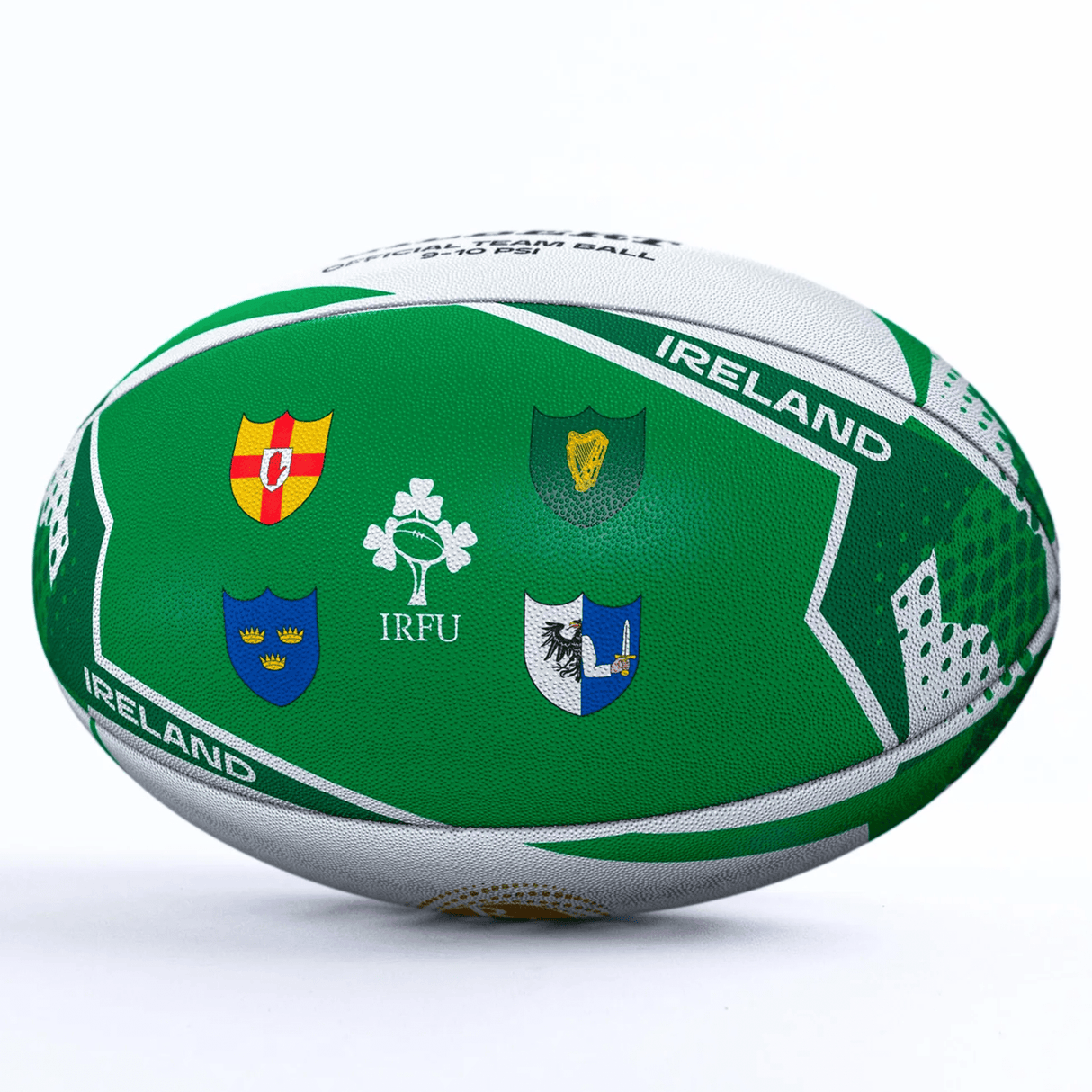 The Women's Rugby World Cup 25 Ireland Team Ball by Gilbert is a green ball with "IRELAND" text, IRFU logo, four provincial crests, and Gilbert branding, displayed on a white background.