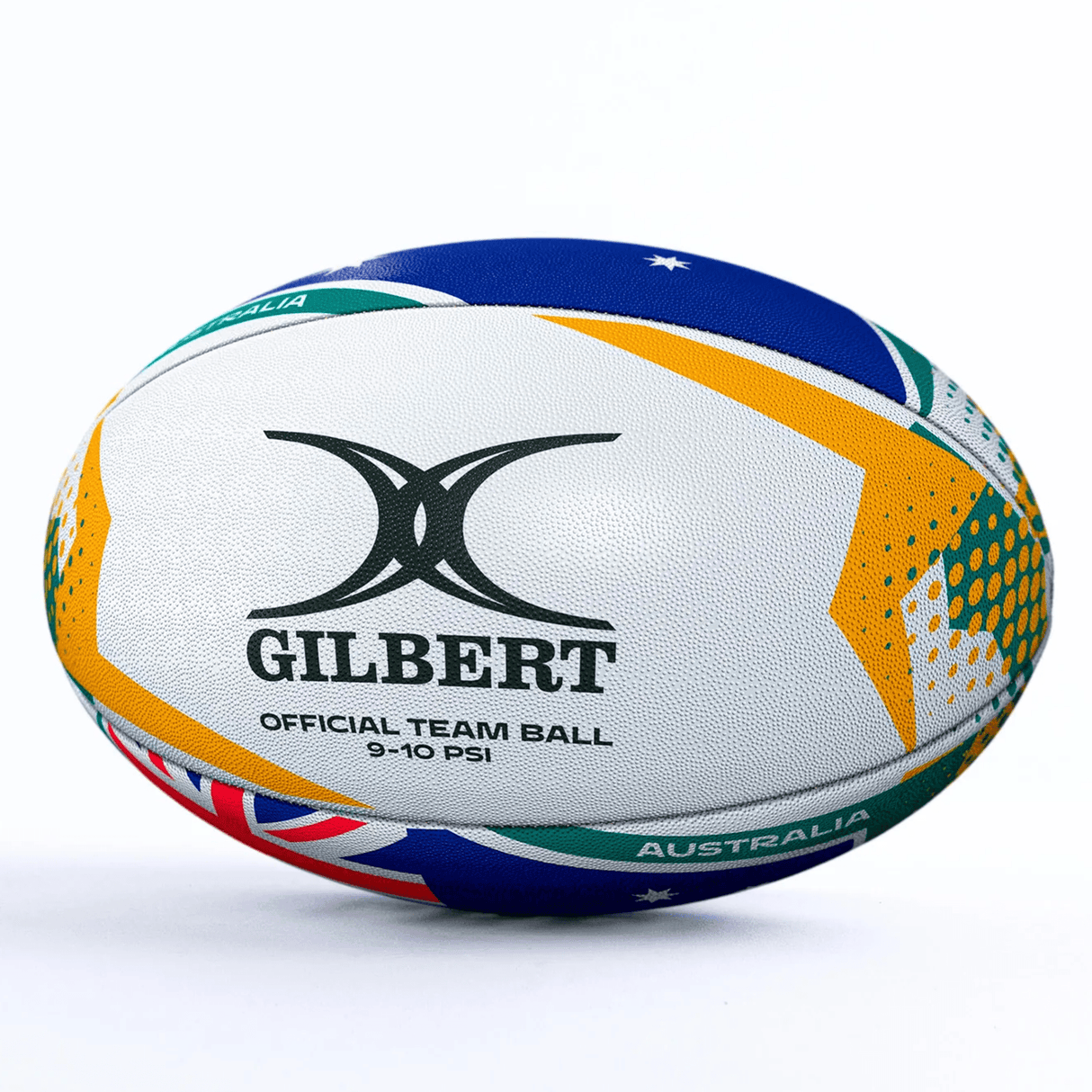 The Gilbert Women's Rugby World Cup 25 Australia Team Ball features the brand logo and "Official Team Ball 9-10 PSI" text—an ideal memorabilia piece for fans of the 2025 tournament.